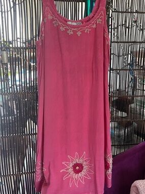 Hot Pink Sleeveless Mini Dress with Cream Embroidery
